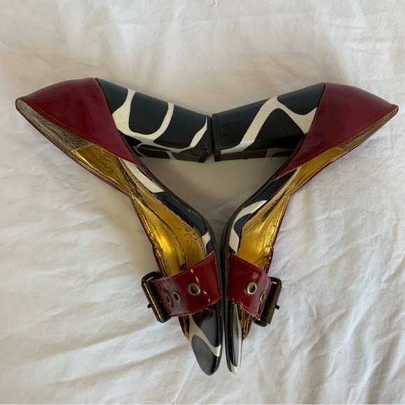 Naughty Monkey red patent and cow print asymmetric heels open toes buckle strap - Picture 4 of 16